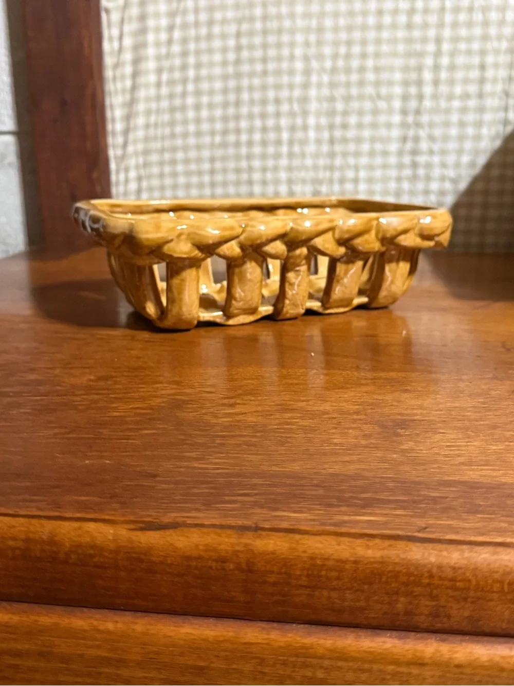 Vintage Ceramic Woven Basket Dish in Honey Brown